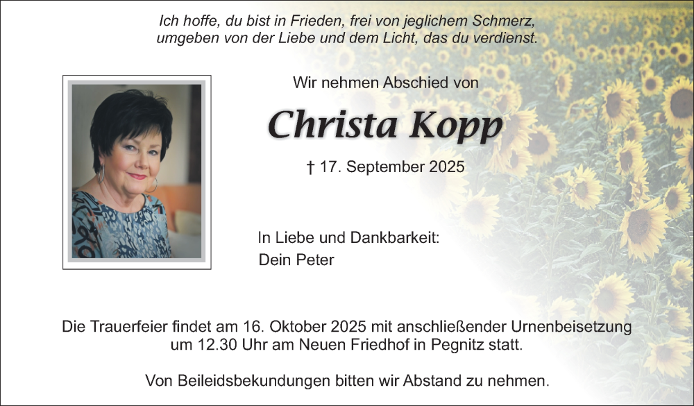  Traueranzeige für Christa Kopp vom 11.10.2025 aus Nordbayerischer Kurier