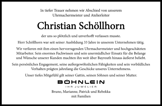 Anzeige von Christian Schöllhorn von Nordbayerischer Kurier