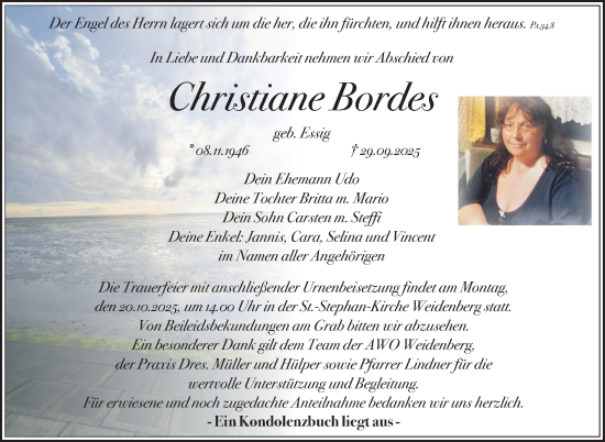 Anzeige von Christiane Bordes von Nordbayerischer Kurier