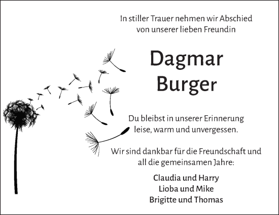 Anzeige von Dagmar Burger von Nordbayerischer Kurier