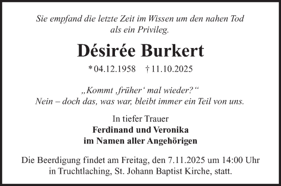 Anzeige von Désirée Burkert von Nordbayerischer Kurier