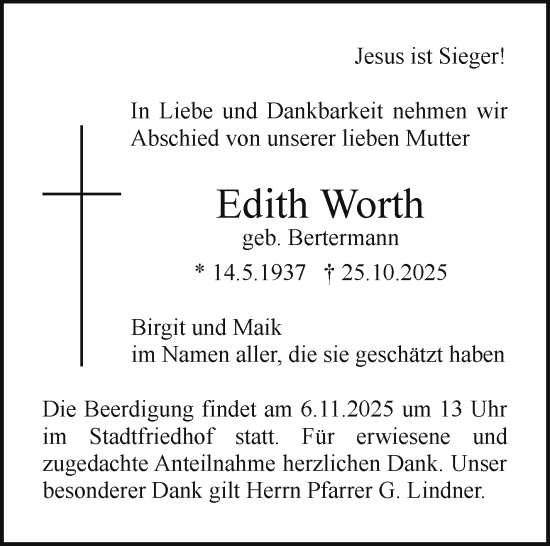 Anzeige von Edith Worth von Nordbayerischer Kurier