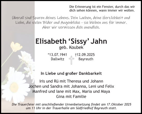 Anzeige von Elisabeth Jahn von Nordbayerischer Kurier