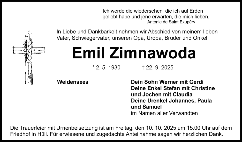  Traueranzeige für Emil Zimnawoda vom 04.10.2025 aus Nordbayerischer Kurier