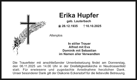 Anzeige von Erika Hupfer von Nordbayerischer Kurier