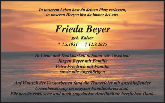Anzeige von Frieda Beyer von Nordbayerischer Kurier