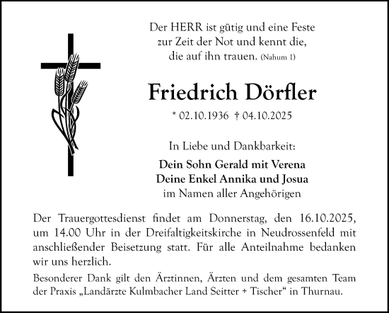 Anzeige von Friedrich Dörfler von Nordbayerischer Kurier