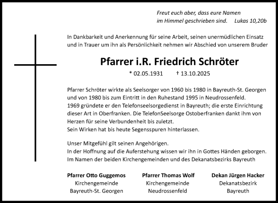 Anzeige von Friedrich Schröter von Nordbayerischer Kurier