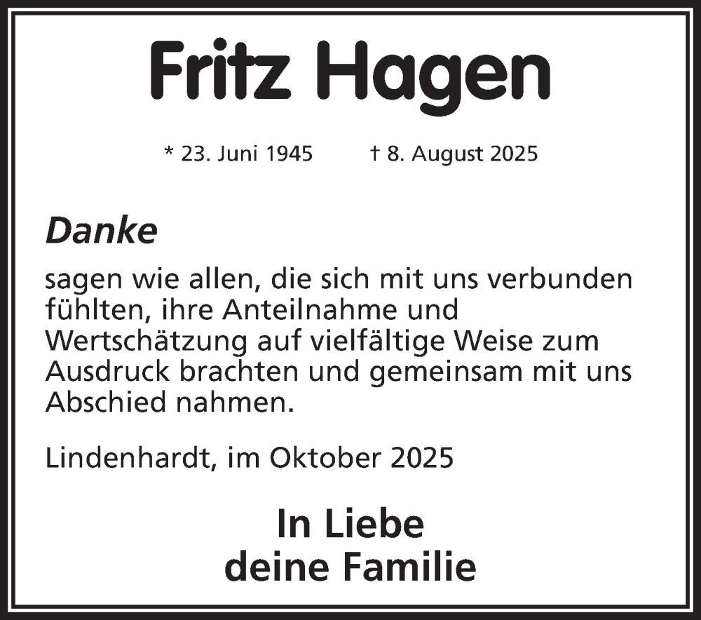  Traueranzeige für Fritz Hagen vom 11.10.2025 aus Nordbayerischer Kurier