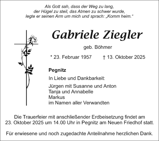 Anzeige von Gabriele Ziegler von Nordbayerischer Kurier