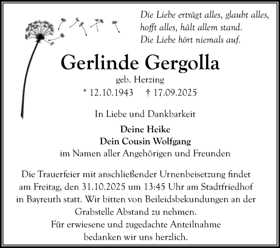 Anzeige von Gerlinde Gergolla von Nordbayerischer Kurier