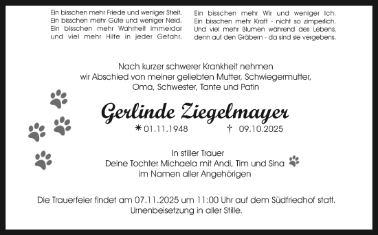 Anzeige von Gerlinde Ziegelmayer von Nordbayerischer Kurier