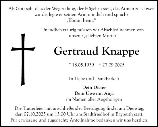 Anzeige von Gertraud Knappe von Nordbayerischer Kurier
