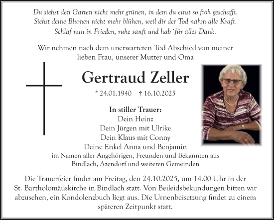 Anzeige von Gertraud Zeller von Nordbayerischer Kurier