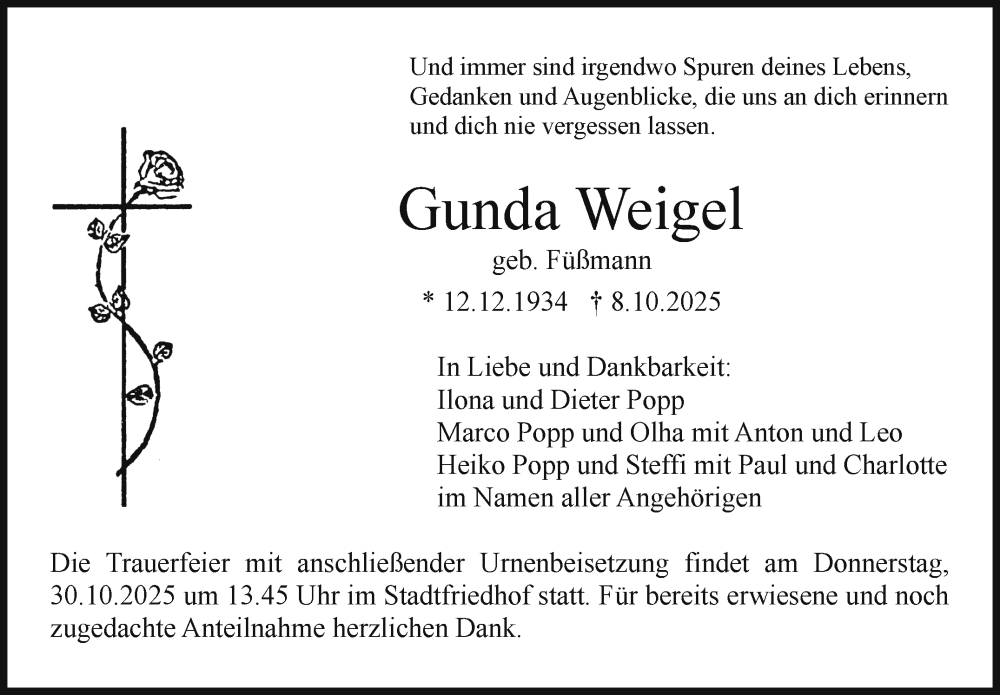  Traueranzeige für Gunda Weigel vom 25.10.2025 aus Nordbayerischer Kurier