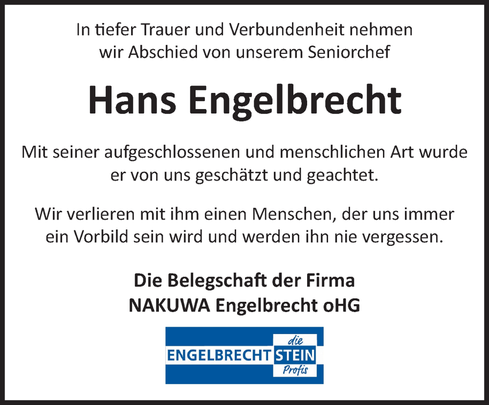  Traueranzeige für Hans Engelbrecht vom 30.10.2025 aus Nordbayerischer Kurier