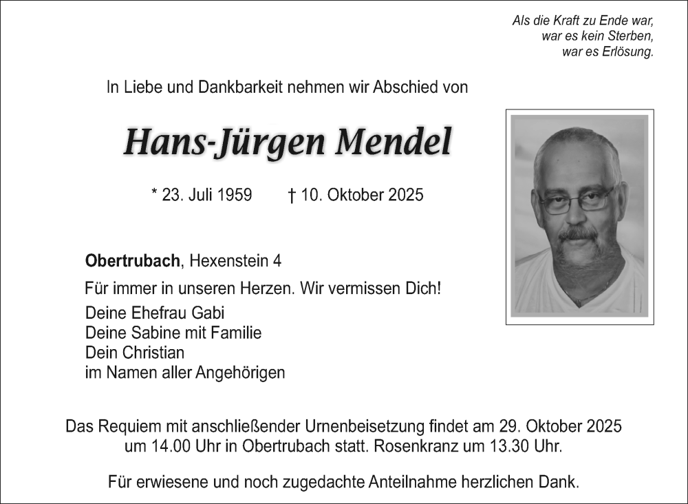  Traueranzeige für Hans-Jürgen Mendel vom 28.10.2025 aus Nordbayerischer Kurier