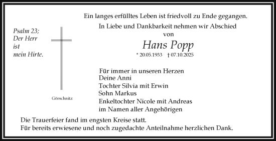 Anzeige von Hans Popp von Nordbayerischer Kurier