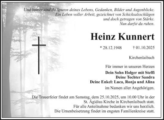Anzeige von Heinz Kunnert von Nordbayerischer Kurier