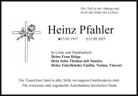 Anzeige von Heinz Pfahler von Nordbayerischer Kurier