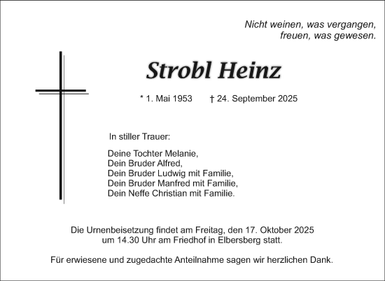 Anzeige von Heinz Strobl von Nordbayerischer Kurier