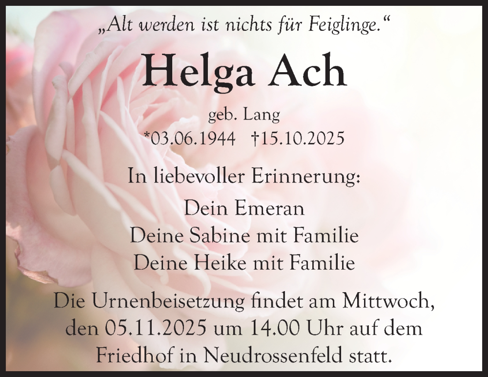  Traueranzeige für Helga Ach vom 31.10.2025 aus Nordbayerischer Kurier