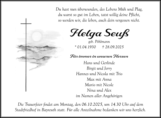 Anzeige von Helga Seuß von Nordbayerischer Kurier