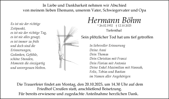 Anzeige von Hermann Böhm von Nordbayerischer Kurier