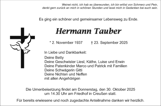 Anzeige von Hermann Tauber von Nordbayerischer Kurier