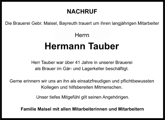 Anzeige von Hermann Tauber von Nordbayerischer Kurier
