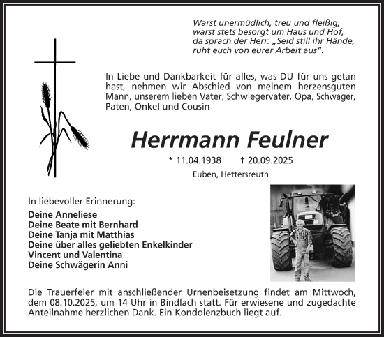 Anzeige von Herrmann Feulner von Nordbayerischer Kurier