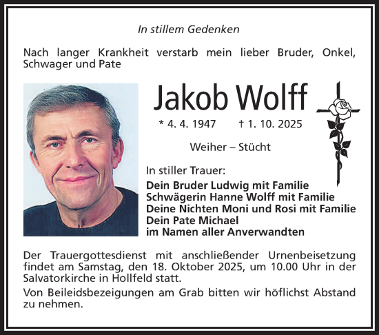 Anzeige von Jakob Wolff von Nordbayerischer Kurier