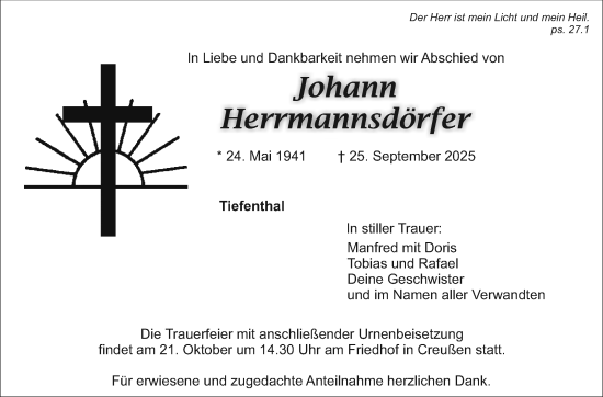 Anzeige von Johann Herrmannsdörfer von Nordbayerischer Kurier