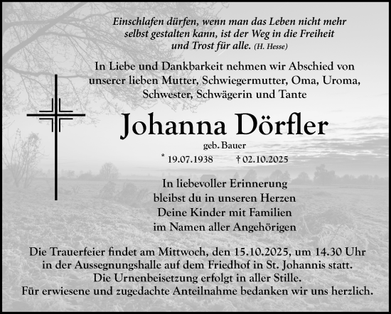 Anzeige von Johanna Dörfler von Nordbayerischer Kurier