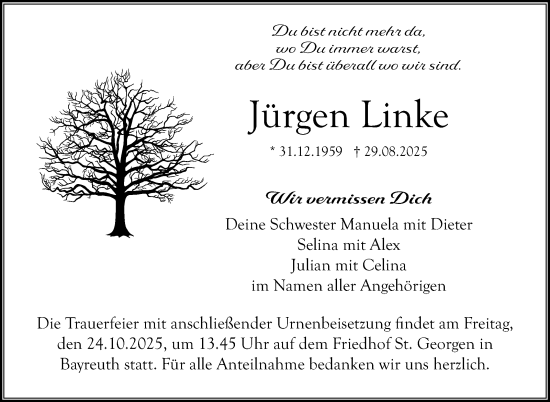 Anzeige von Jürgen Linke von Nordbayerischer Kurier