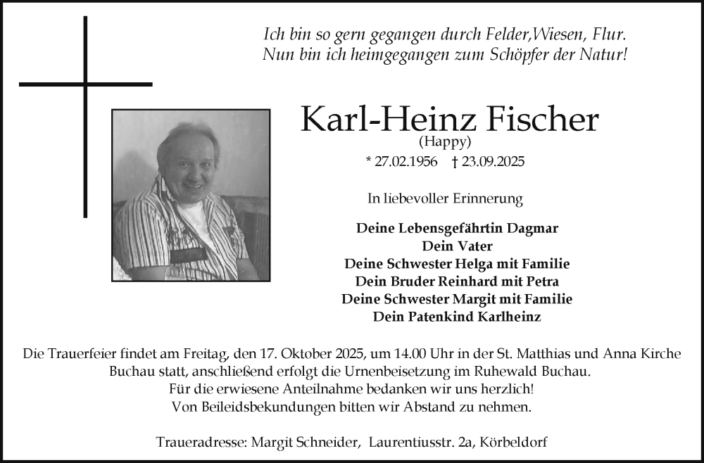  Traueranzeige für Karl-Heinz Fischer vom 11.10.2025 aus Nordbayerischer Kurier