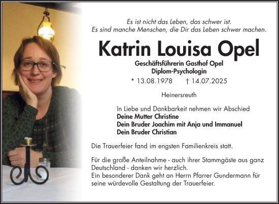Anzeige von Katrin Louisa Opel von Nordbayerischer Kurier
