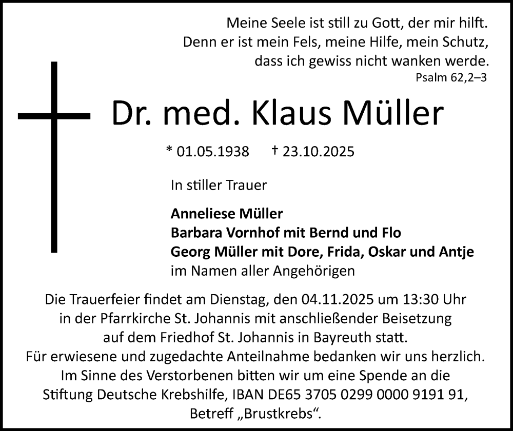  Traueranzeige für Klaus Müller vom 29.10.2025 aus Nordbayerischer Kurier