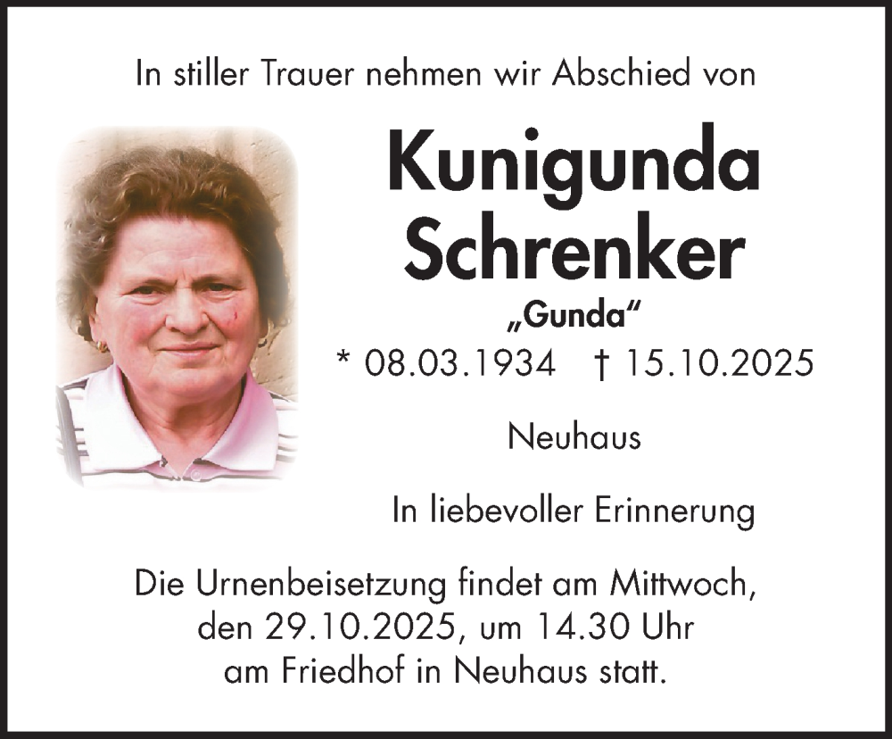  Traueranzeige für Kunigunda Schrenker vom 25.10.2025 aus Nordbayerischer Kurier