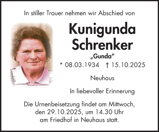 Anzeige von Kunigunda Schrenker von Nordbayerischer Kurier