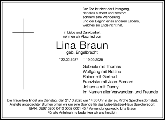 Anzeige von Lina Braun von Nordbayerischer Kurier