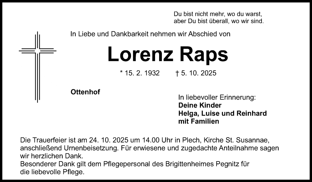  Traueranzeige für Lorenz Raps vom 11.10.2025 aus Nordbayerischer Kurier