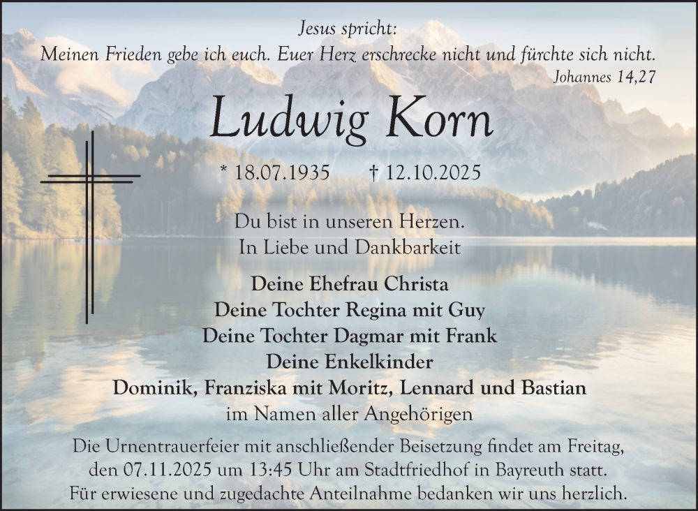  Traueranzeige für Ludwig Korn vom 18.10.2025 aus Nordbayerischer Kurier