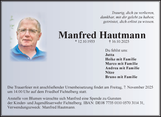 Anzeige von Manfred Hautmann von Nordbayerischer Kurier