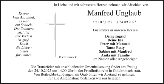 Anzeige von Manfred Unglaub von Nordbayerischer Kurier