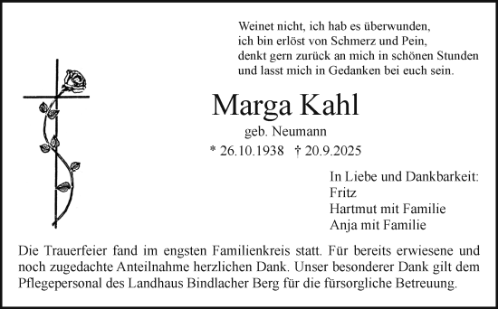 Anzeige von Marga Kahl von Nordbayerischer Kurier