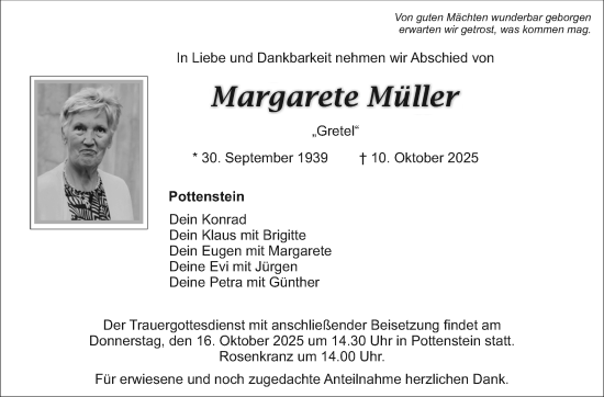 Anzeige von Margarete Müller von Nordbayerischer Kurier