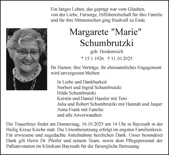 Anzeige von Margarete Schumbrutzki von Nordbayerischer Kurier