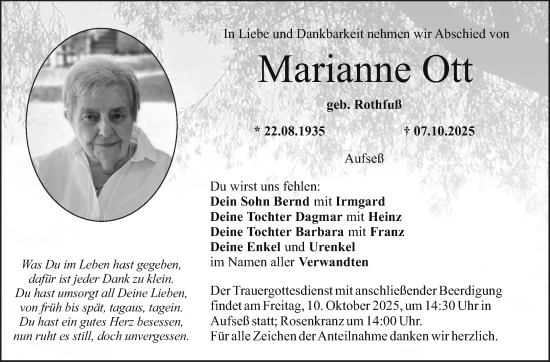 Anzeige von Marianne Ott von Nordbayerischer Kurier
