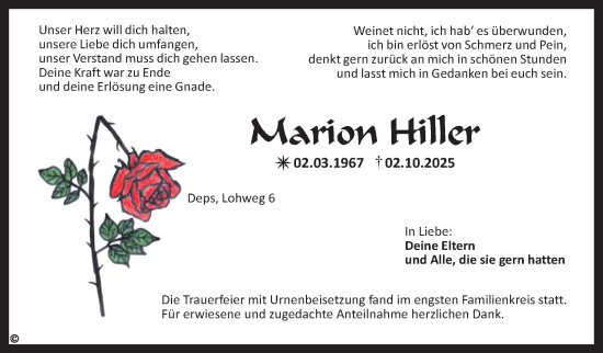 Anzeige von Marion Hiller von Nordbayerischer Kurier